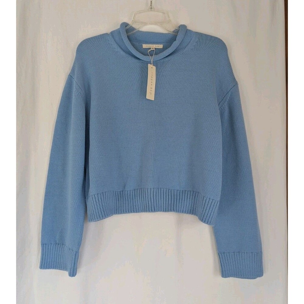 Copper Key Cropped Sweater Pullover Womens L Cotton Light Blue NWT